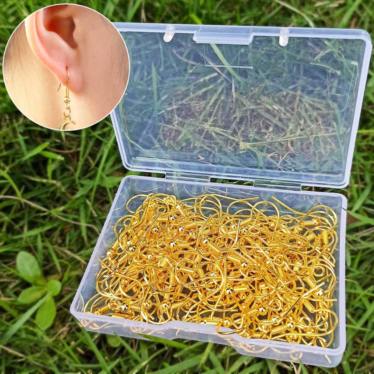 120 Pieces Earring Hooks with Ball and Coil, Hypo Allergenic Plated Gold Ear Wires with Transparent Storage Box, for DIY Jewelry Making